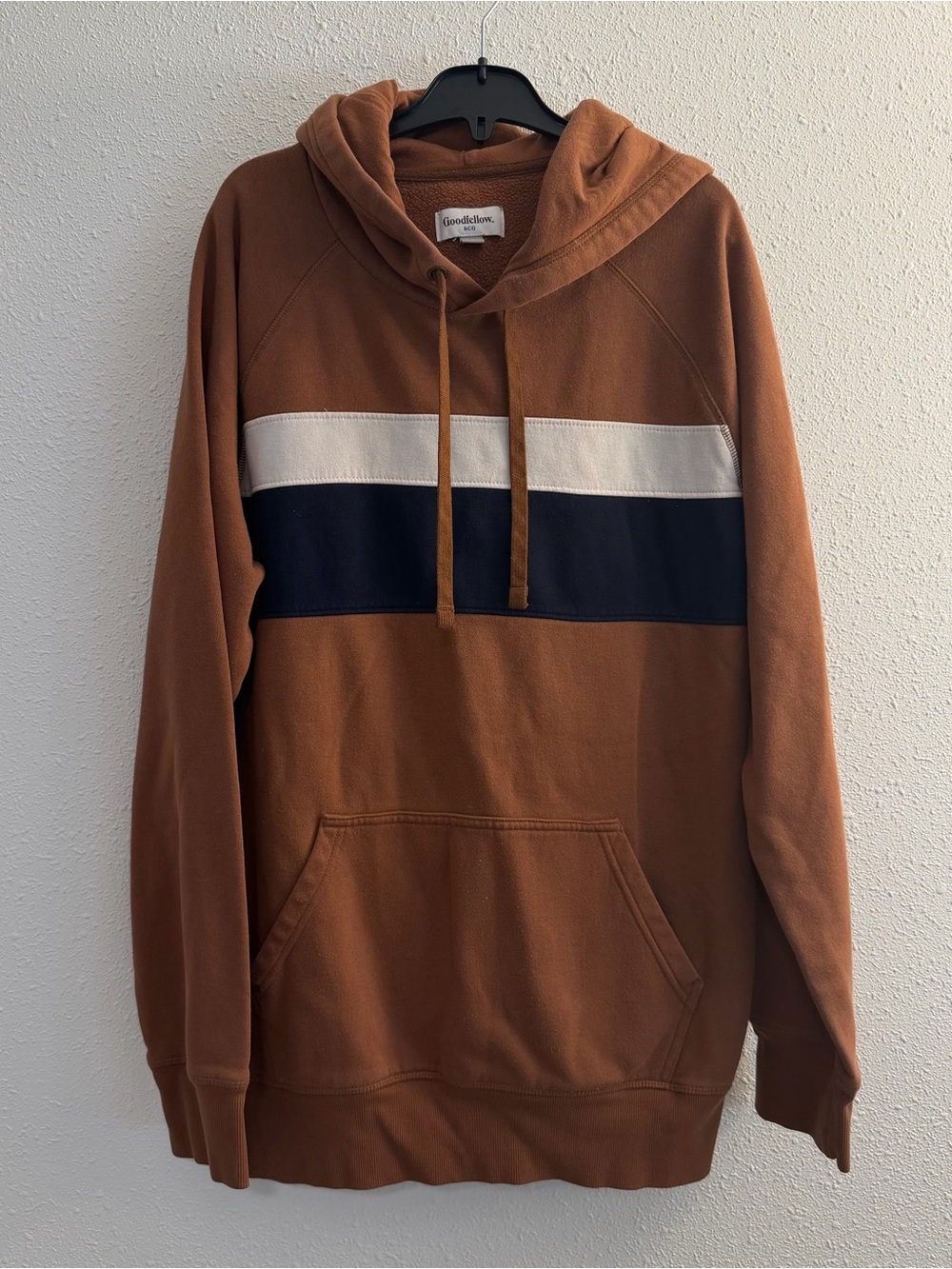 Goodfellow & Co Rust Hoodie with Navy and Cream Chest Stripes